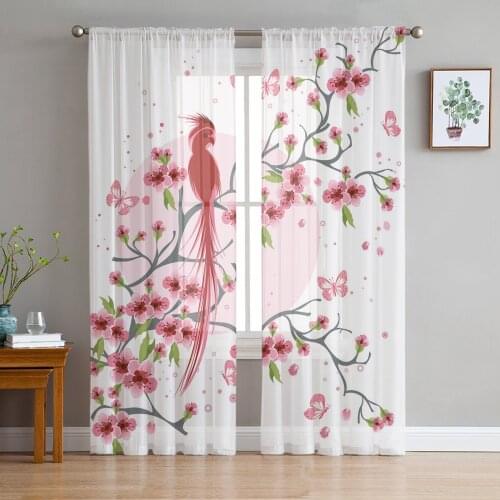 Pink Sakura Birds Window Tulle Curtains for Living Room Bedroom Hotel Luxury Decoration Sheer Curtains