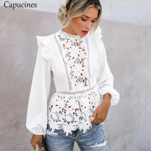 Capucines Lace Splicing Ruffled High Waist White Shirts Blouse Women Hollow Out Embroidery Keyhole Back Elegant Summer Chic Tops