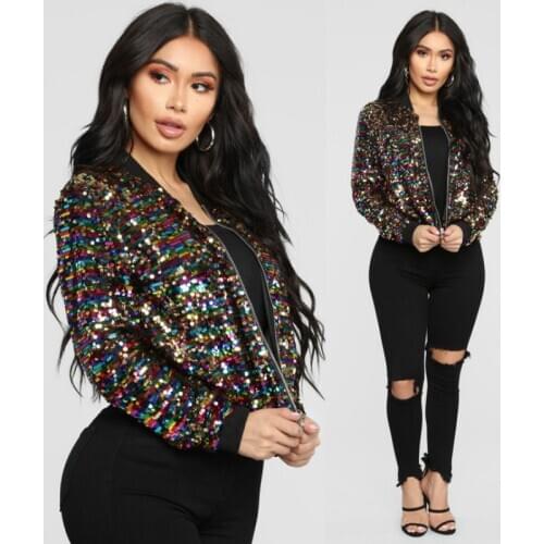 Fashion Contrast Color Sequins Jacket Long Sleeve Bomber Casual Womens Beading Coat Zipper Cardigan Stage Dance Tops 2019