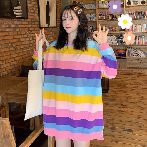 Womens Sweatshirt Harajuku Rainbow Strip Hoodie Patchwork Soft Contrast Color O-neck Winter Autumn Top