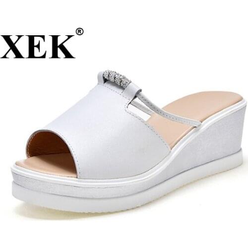 XEK Women Fashion Slipper Sandals Heels Wedges Platform Leather Peep toe Crystal Elegant Female Sandals Mules Summer Shoes WFQ16