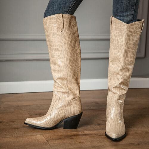 2020 Big Size 43 Autumn Winter Cowboy Western Boots Woman High Heels Casual Shoes Pointed Toe Concise Knee High Boots Women