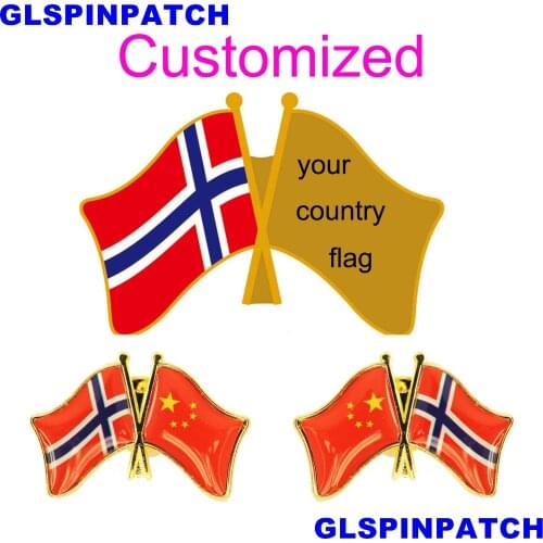 Norway Crossed Friendship Flag Double Country lapel pin Brooch USA UK France Chile Russia Saudi Arabia Japan Spain Badge