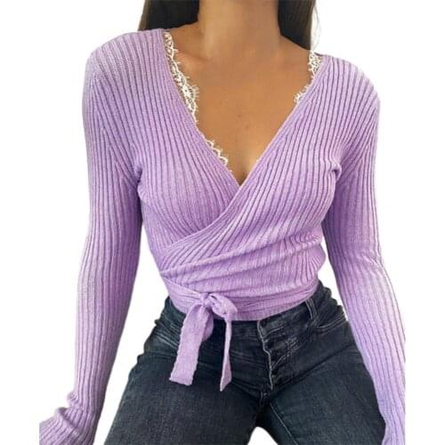 Elegant Women Pullover Sweater Slim Ribbing Bandage 2021 Autumn Winter Knit Jumpers Long Sleeve V Neck Knitted Top Streetwear