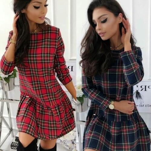 New 2021 Winter Christmas Red Plaid Dress Long Sleeve Scottish Plaid Slim Dresses Cotton Plaid Mini Autumn Dress Party Vestidos