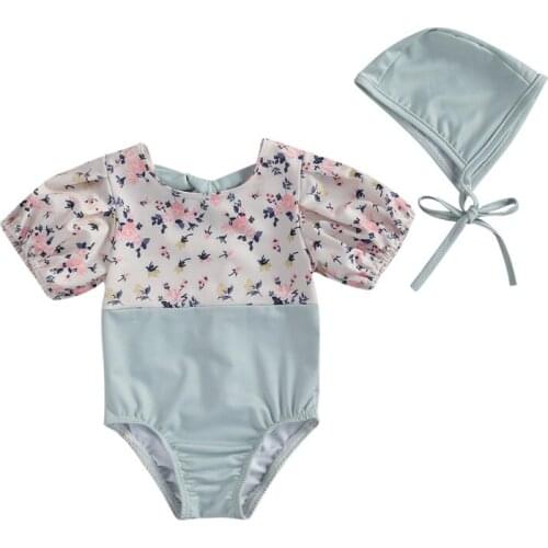 Little Girls Jumpsuit Set, Solid Color and Flower Print Patchwork Short Bubble Sleeve Short Pants Romper and Hat 2pcs Swim Suits