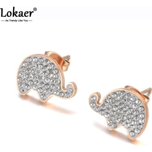 Lokaer Stainless Steel White/Black Clay Shiny Crystal Elephant Stud Earrings For Women Party Girls Earrings Jewelry E19099
