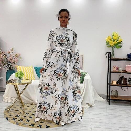 Muslim Fashion Ankle-length Caftan Dress with abayas has a waist tie Flared sleeves Abaya Dubai American Clothing