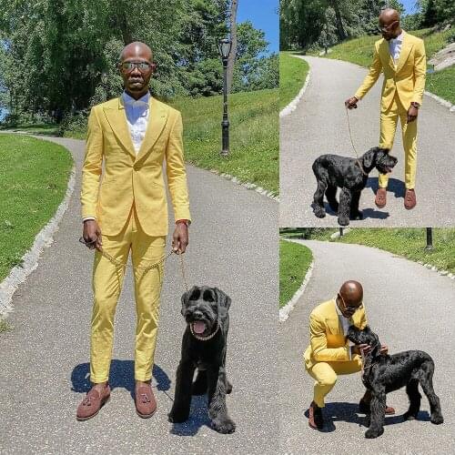 Yellow Soild Color Mens Suits 2 Piece Peaked Lapel Casual Tuxedos for Wedding Groomsmen Jacket Men (Blazer+Pant)