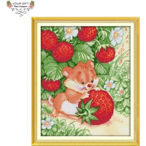 Joy Sunday D348 Free Shipping 14CT 11CT Counted and Stamped Home Decoration Elephant Rat Picking Strawberries Cross Stitch Kits