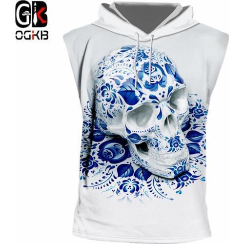 OGKB Sleeveless Male New O-neck 3D Tank Top Printing Blue Skulls Streetwear Oversized Attire Summer Hooded Hoodie