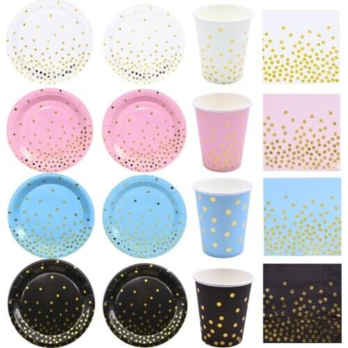 Gold Dot Series Disposable Tableware Sets Paper Cup Plate Napkin For Baby Shower Wedding Party Decor Girl/boy Birthday Supplies
