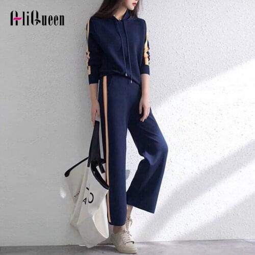 Autumn Knitted Two Piece Set Women Striped Blue Hooded Top + Whide Leg Pant Sets Female Loose Tracksuit Sports Sets Sweatsuit