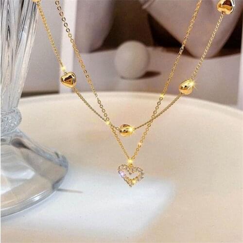 New Double layer Chain Heart Choker Necklace For Women Gold Color Chain Korean Style Female Jewelry