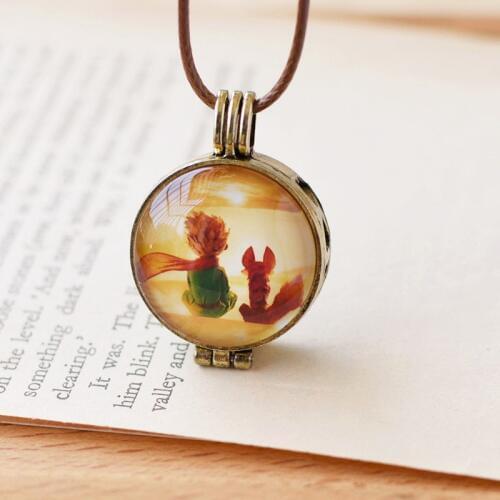 Handmade Antique Bronze Alloy Little Prince And Fox Pendant Necklaces Can Open As Essential Oil Diffuser Necklace for Women Men