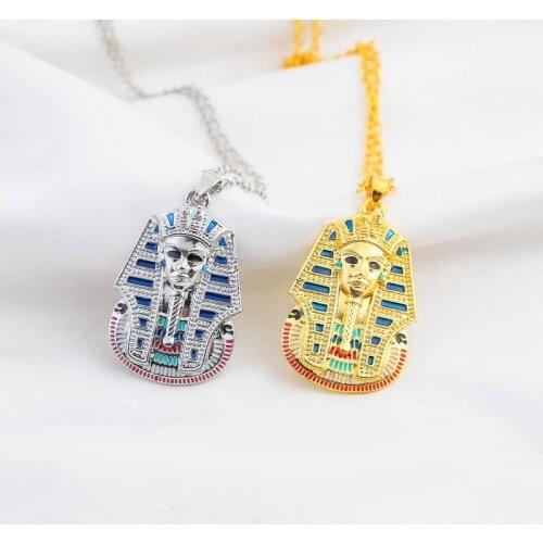 Punk Silver Gold Color Ancient Egypt King Tut Pharaoh Pendant Necklace Cuban Chain Stainless Steel Mens Hip Hop Bling