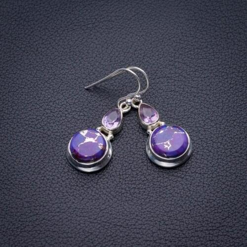 Natural Turquoise And Amethyst Handmade 925 Sterling Silver Earrings 1.5" D3470