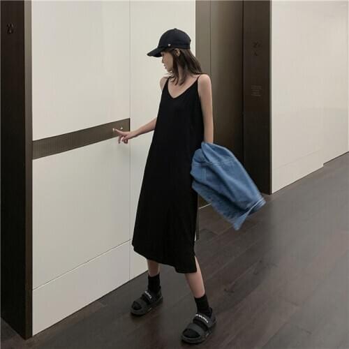 Sexy Women Black Maxi Dress Loose Long Dresses Sleeveless V-neck Solid Color Split Dress Pus Size