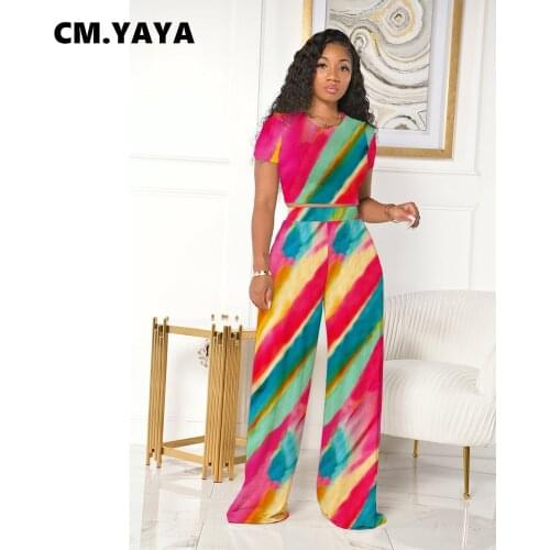 CM.YAYA Women Set Print Gradient Color Short Sleeve Crop Tops Wide Leg Pants Two 2 Piece Sets Fashion Tracksuit Summer Outfits