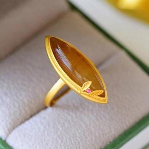 SNew Silver Natural Hotan Sugar Jade Horse Eye Atmospheric Gilt Craft Opening Adjustable Size Male and Female Couple Ring