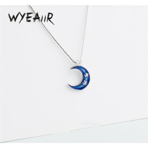 WYEAIIR 925 Sterling Silver Blue Moon Stars Drip Glaze Cute Clavicle Chain Female Necklace