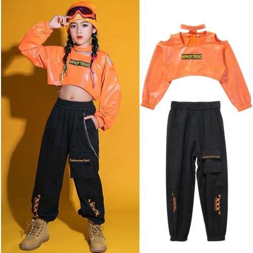 Hip Hop Dance Costumes Girls Orange Cropped Sweatshirt Shirt Casual Pants Hip Hop Clothing Kids Street Dance Performance Outfits