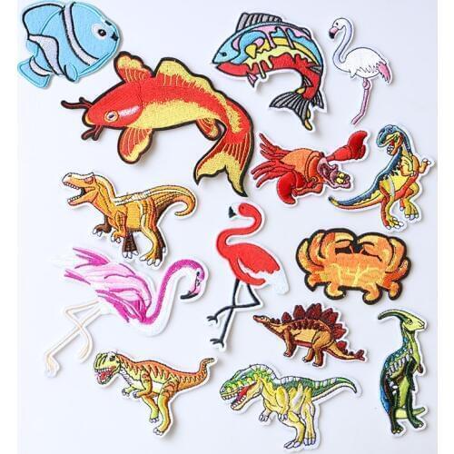 Clever cute fish, dinosaur,Flamingo icon Embroidered Iron on Patch for Clothing DIY Strip Clothes Patchwork Sticker Custom Badge