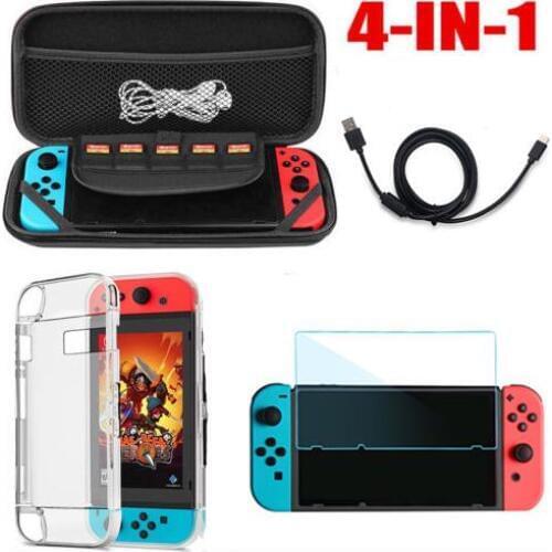 Accessories Protection Bag + Crystal Shell + Toughened Film + Charging Line for Nintend Switch Protective Pouch Bag e25