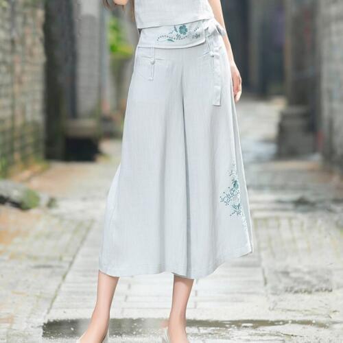 Flare Pants Women 2019 Cropped Trousers Ethnic Skirt Pants Embroidery Lace Up Bottoms Female Traditional Chinese Pants TA1427