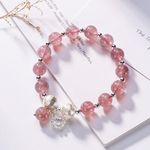 925 sterling silver original natural strawberry quartz pink crystal round beads fresh all-match womens silver bracelet