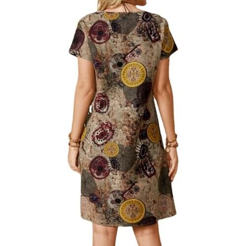 2021 Cotton Linen Women Dress Loose Waist Casual Office Lady Dress V Neck Short Sleeve Dot Printing Knee-length Lady Dress 3XL