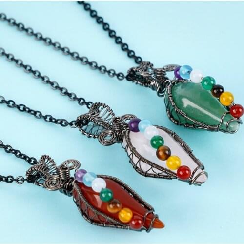 7 Chakra Natural Crystal Beads Hexagonal Cone Pendant Handmade Wire Wrap Necklace Stones Healing Jewelry Necklace Accessories