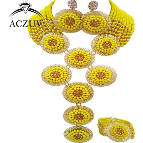 ACZUV Brand Yellow and Gold AB African Necklace Jewelry Set for Women Nigerian Wedding Beads A10R008