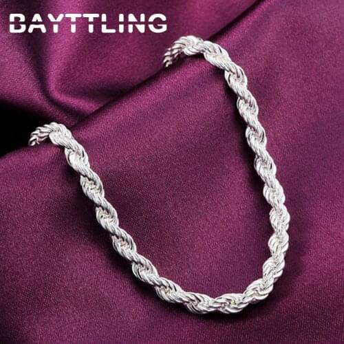 BAYTTLING 8 Inch 925 Sterling Silver 4MM Twisted Rope Chain Bracelet For Woman Man Fashion Wedding Party Jewelry Gift