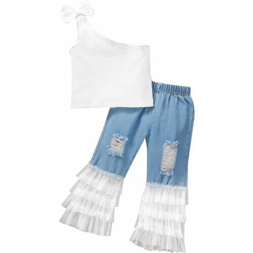 Ma&Baby 2-7Y Summer Children Kid Girls Clothes Set One Shoulder Bow Tops Vest Lace Denim Pants Jeans Outfit DD43