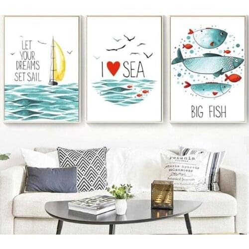 Kawaii Watercolor Cartoon Fish Sailing Sea Landscape Posters Nordic Wall Art Canvas Painting Decoration for Baby Children Room