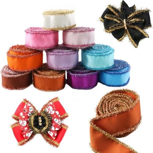 38MM 2Yard/roll Solid Color Plaid Grosgrain Ribbon with Tinsel Edges For Burlap Wreaths Hairbows Accessories,2Yc20576