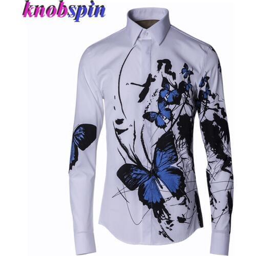Fashion Ink Butterfly Print men Shirt Long sleeve Solid Slim Chemise homme Brand quality Pure Cotton Business male dress Shirts
