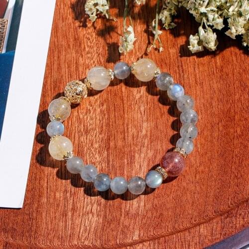 Natural Moonstone/Strawberry Crystal/Quartz Rutilated Gold Color Strand Bracelet for Women Fashion Jewelry Christmas Gift YBR201