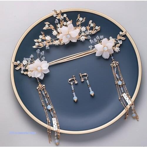 Handmade Original Antiquity Hair Accessories Han Fu Headdress Tassel Step Shake Kanzashi Hair Crown Ear Clip Set Accessories