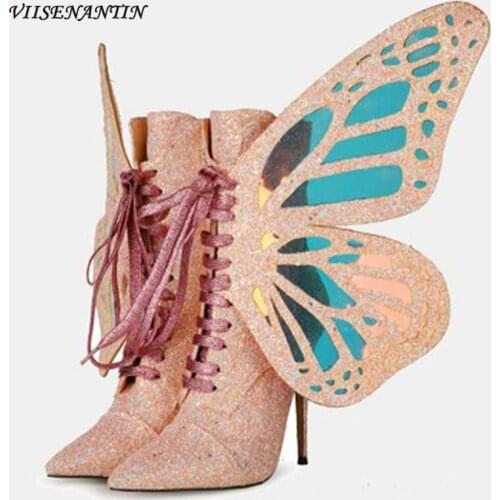 Autumn Thin High Heel Pumps Fashion Lace-up Sequin Butterfly Wings Bling Short Ankle Boots Pointed Toe Cross-tied Shoes Women