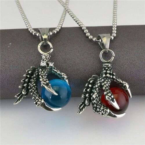 Retro Gothic Dragon Claw Pendant Fashion Couple Inlay Red Blue Gem Dragon Claw Necklace Trend Men Womens Valentines Day Gift