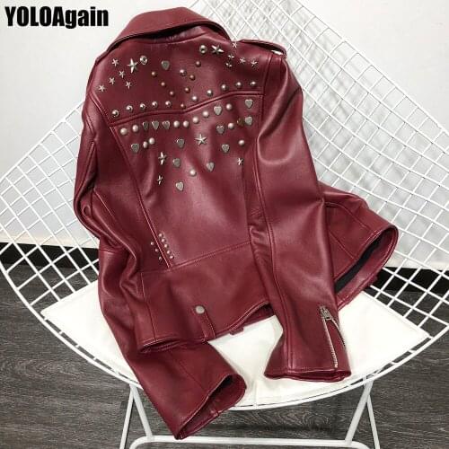 YOLOAgain women heart shape rivet motorcycle leather jacket ladies genuine leather jacket