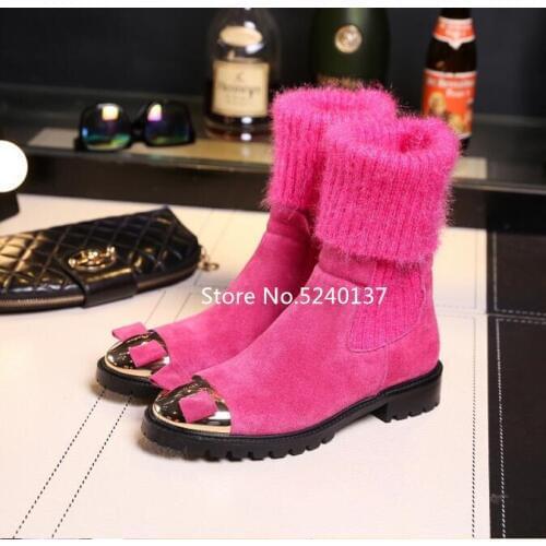 Butterfly-knot Metal Toe Women Mid-calf Boots Suede Knitting Patchwork Slip-on Multi-colors Autumn/Winter Fashion Boots Woman