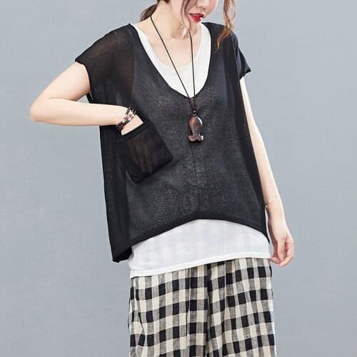 False Two Pieces Women T-shirts 2021 Summer Vintage Loose Solid Knitted Female Pulls Tops Tees Top Quality