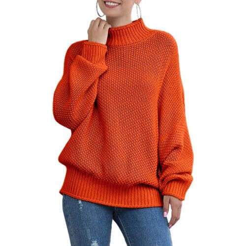 Women Solid Color Long Sleeve Turtle Neck Loose Knitted Sweater Jumper Pullover