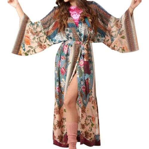 Women Beach Swimsuit Cover Up Boho Floral Printed Open Front Kimono Cardigan Long Sleeves Belted Wrap Front Side Split Maxi Robe