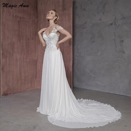 Magic Awn 2021 Elegant Wedding Dresses Boho Lace Appliques V-Neck Illusion Chiffon Beach Mariage Gowns A-Line Vestidos Branco