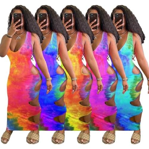 ZKYZWX Sexy Plus Size Tie Dye Bodycon Dress Short Sleeve Hollow Out Summer Clothes for Women Clubwear Oversized Long Dresses