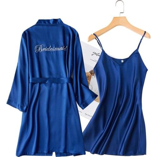 Blue Bridesmaid 2PCS Nighty Suit Bride Wedding Robe Gown Womens V-Neck Nightgown Sleepwear Spring Summer Faux Silk Sleep Dress